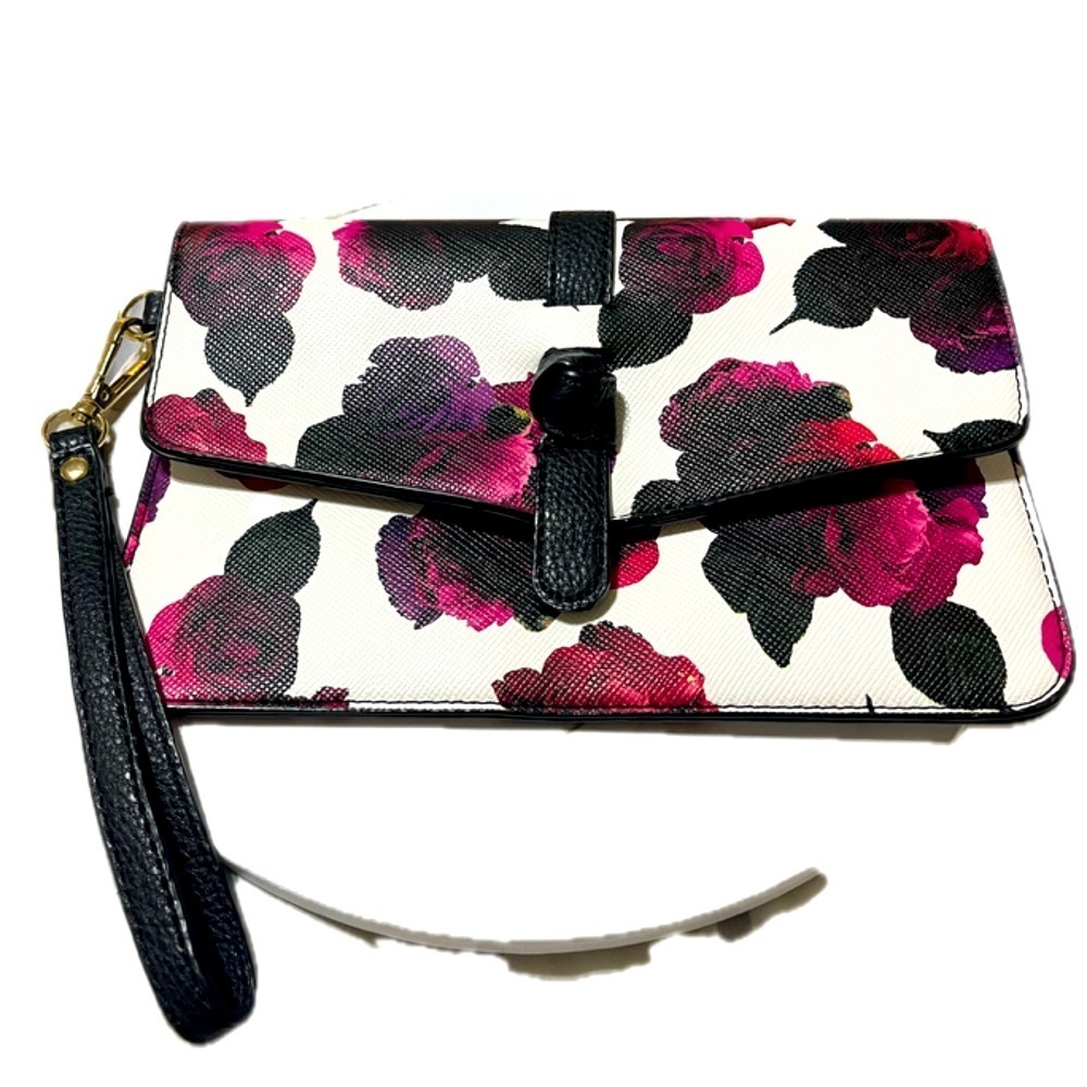 Charming Charlie Floral Rose Clutch Bag Purse Black Pink Purple Magnetic, NWOT - Picture 12 of 15